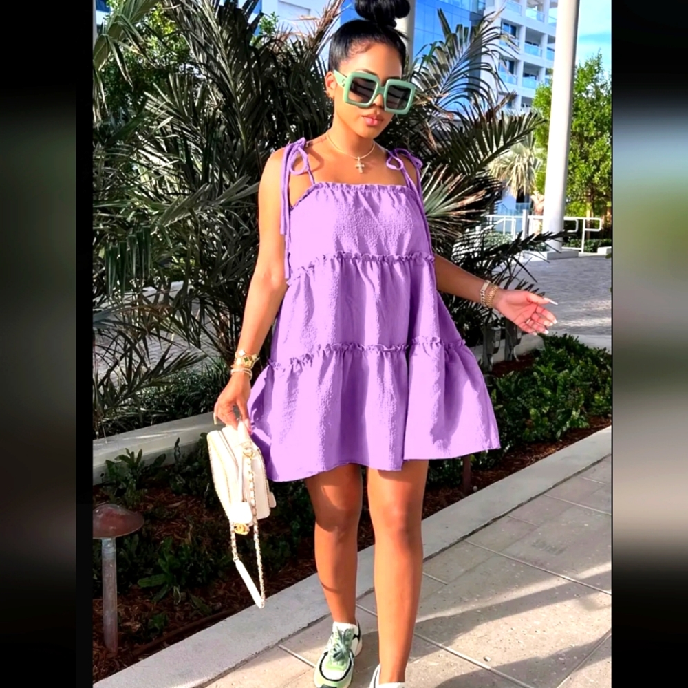 Cute summer dress purple lavender Ruffle Hem Cami Dress, Cute Lace Up straps
